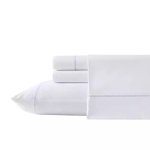 Laura Ashley - Sheet Set, Breathable Cotton Percale Bedding with Matching Pillowcases, Soft Home Decor (Scallop Blue, Queen)