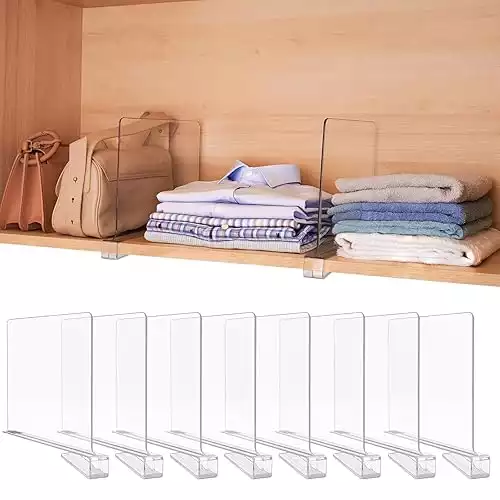 Shelf Dividers for Closet Organization, Clear Acrylic Closet Shelf Divider Shelves Clothes Purses Separators, Plastic Shelves Organizer for Bedroom, Kitchen, Office, Cabinet, 8 Pack
