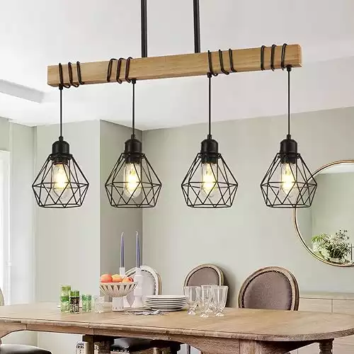 Dining Room Light Fixture Hanging for Modern Farmhouse 4-Lights Kitchen Island Lighting,Modern Chandelier Over Table Linear Chandeliers Black Rustic Wood Ceiling Pendant Light Fixtures
