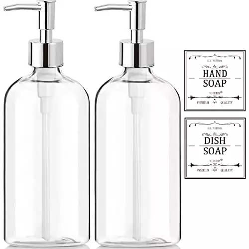 Clear Soap Dispenser with Rust Proof Pump, Waterproof Labels (2 Pack,16 Oz), Soap Dispenser Bathroom, Plastic Hand Soap Dispenser, Dish Soap Dispenser for Kitchen