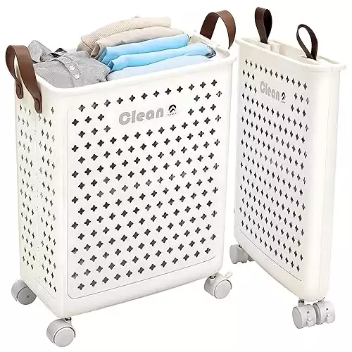 Collapsible Laundry Basket on Wheels, Rolling Laundry Hamper with Handles, Slim White Plastic Foldable Washing Basket for Laundry Clothes