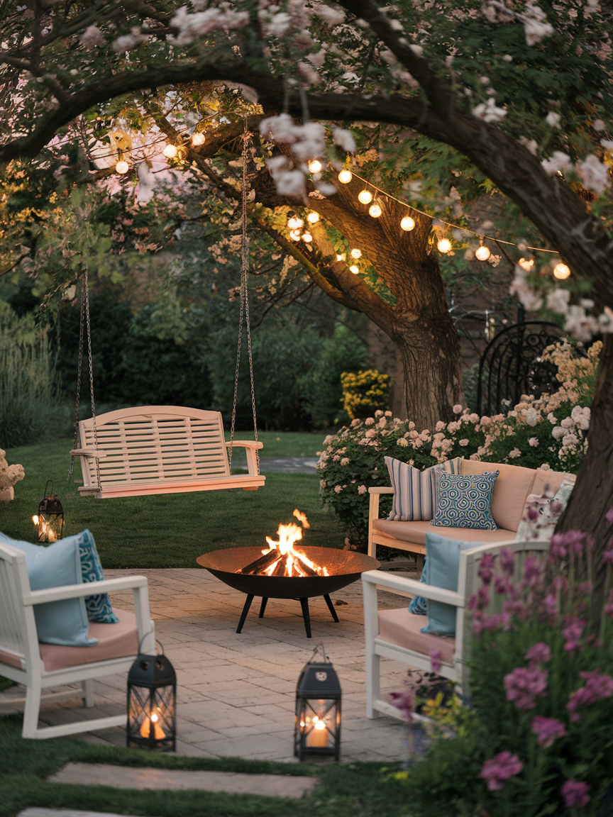 A dreamy backyard with a swing hanging from a tree, lanterns glowing softly, and a cozy seating area with a fire pit, surrounded by greenery and flowers, creating a warm and inviting atmosphere